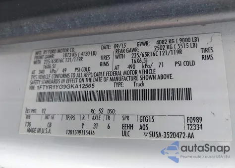 2016 Ford Transit-250 из США, поврежденный, VIN 1FTYR1YG9GKA12565